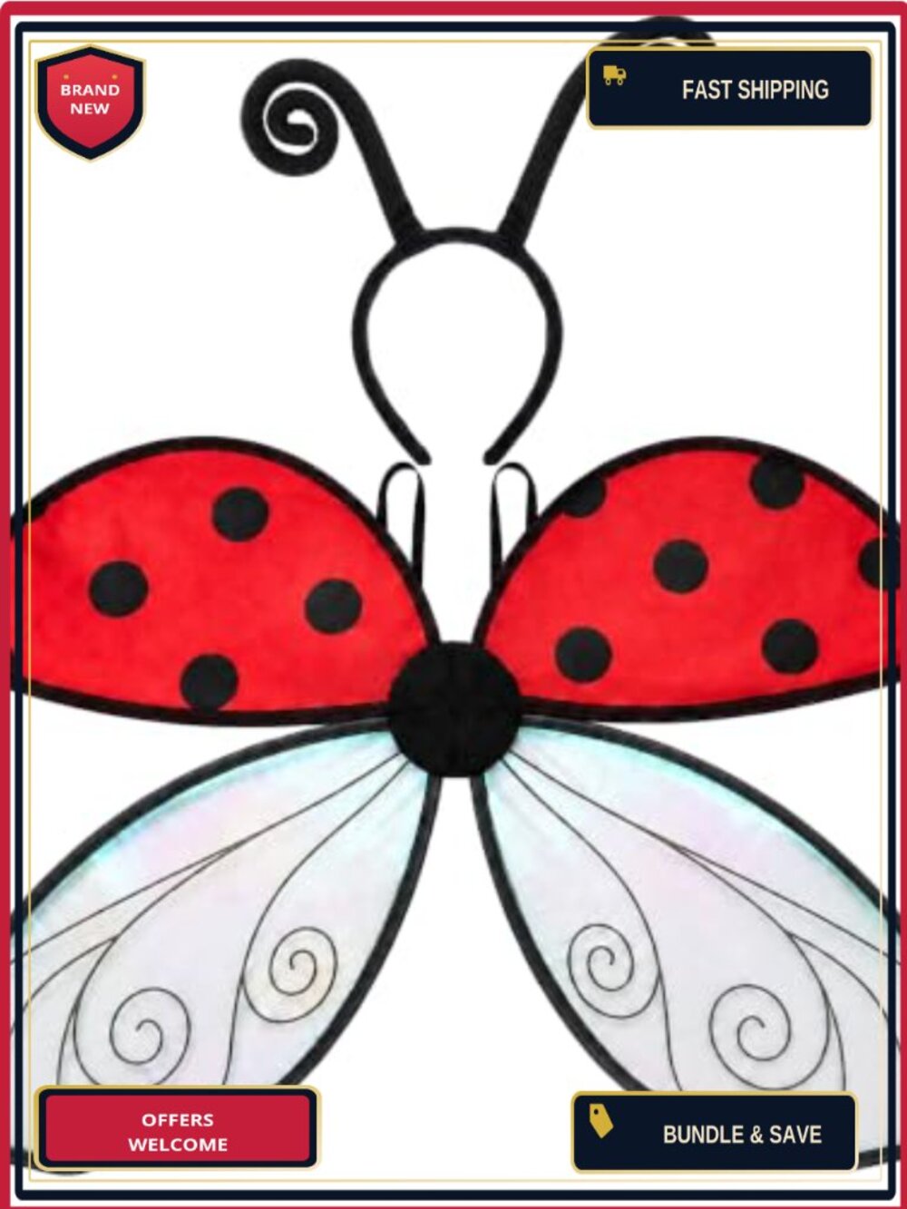 LOHZAQ Ladybug Wings Costume Set with Antenna Headband Halloween Cosplay